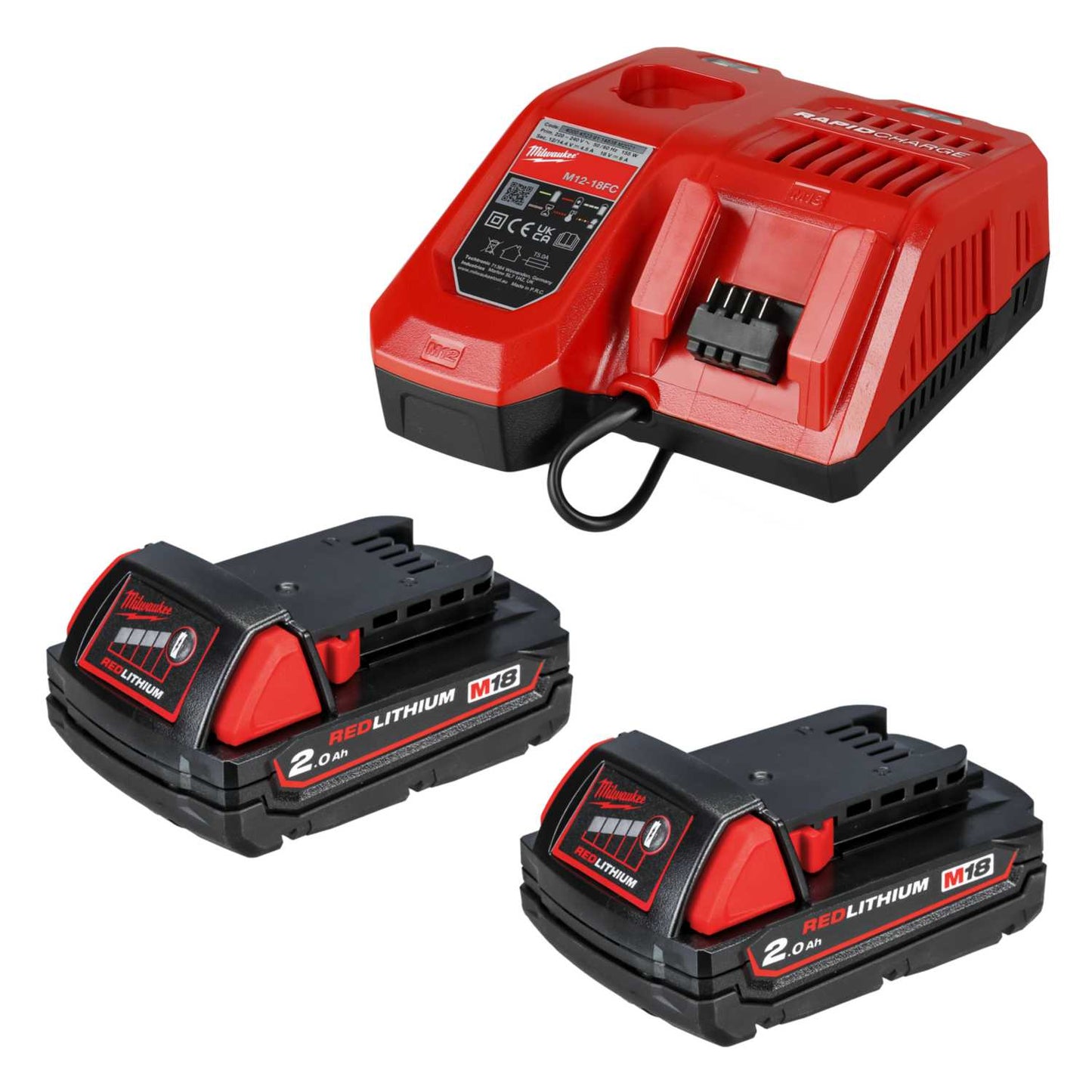 Milwaukee M18B2 2 x 18V 2.0Ah Red Lithium-Ion Battery and Charger Kit