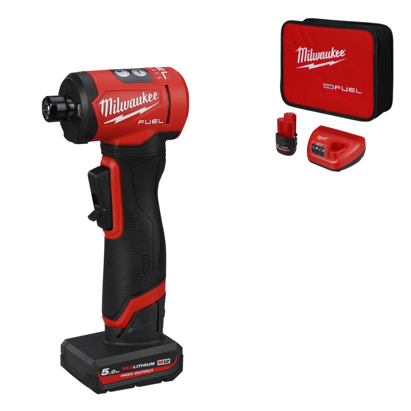 Milwaukee M12FDGA2-522B 12V Fuel™ Angled Die Grinder with 1 x 5.0Ah, 1 x 2.5Ah Batteries