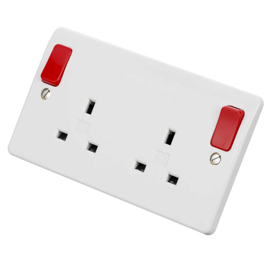 MK Logic Plus 13A DP 2 Gang Switched Socket with Red Outboard Rockers White