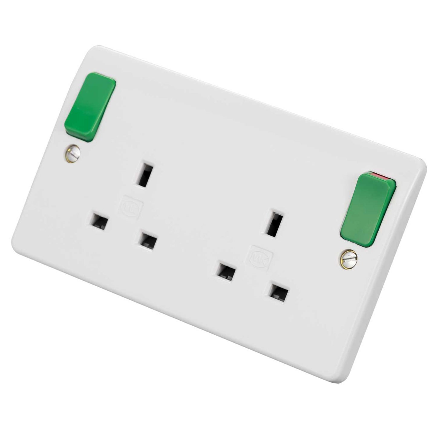 MK Logic Plus 13A DP 2 Gang Switched Socket with Green Outboard Rockers White