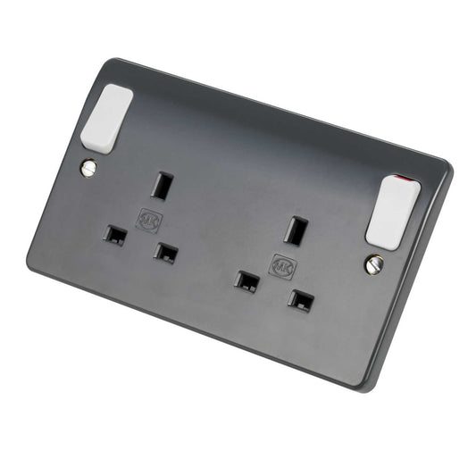 MK Logic Plus 13A DP 2 Gang Switched Socket with White Outboard Rockers Graphite