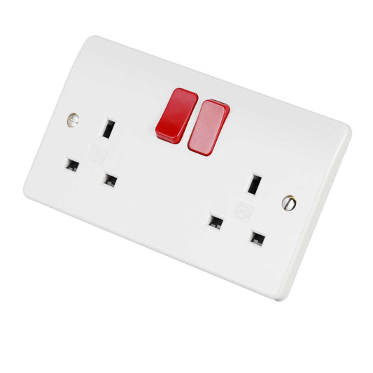 MK Logic Plus 13A DP 2 Gang Switched Socket with Red Rockers White