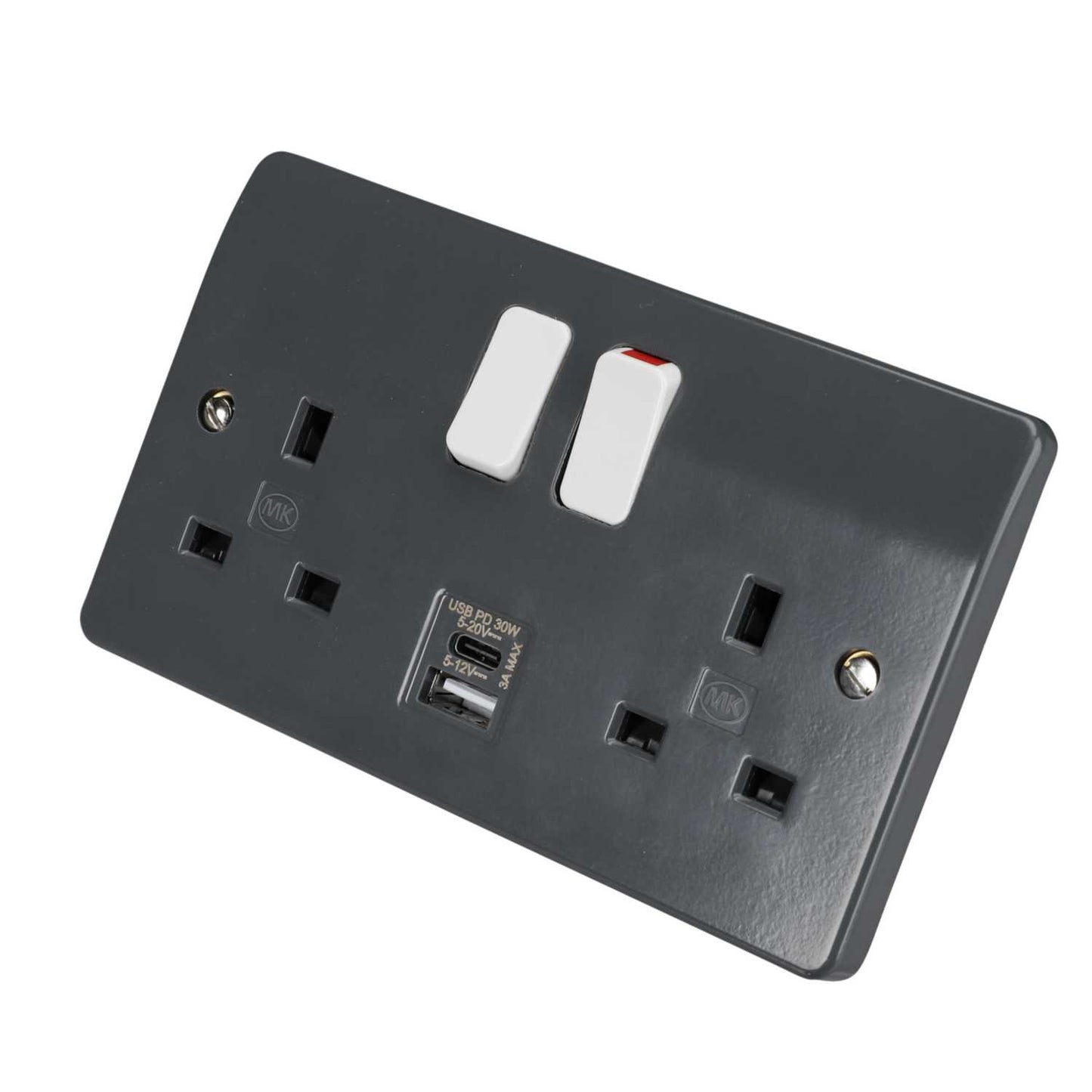 MK Logic Plus 13A 2 Gang Switched Socket with Type A / Type C Fast Charge USB Outlets Graphite