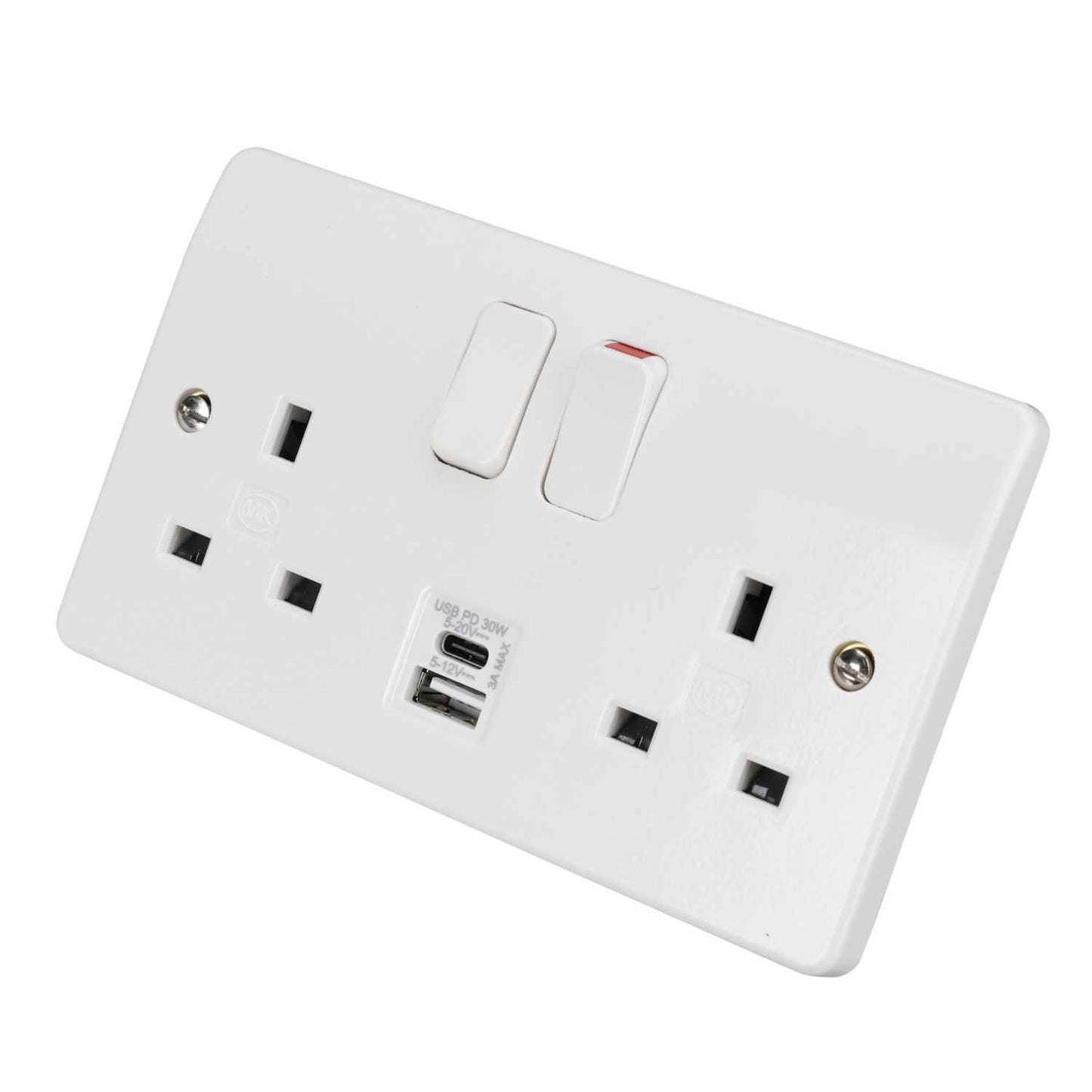 MK Logic Plus 13A 2 Gang Switched Socket with Type A / Type C Fast Charge USB Outlets White