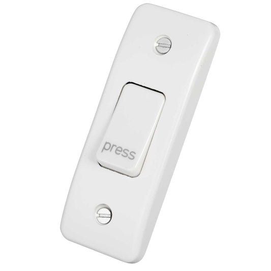 MK Logic Plus 10A SP 1 Gang 2 Way Architrave Switch Marked Press White