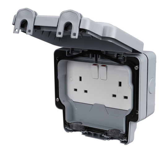 MK Masterseal Plus 13A 2 Gang Weatherproof Switched Socket with Screwless Terminals IP66 Grey