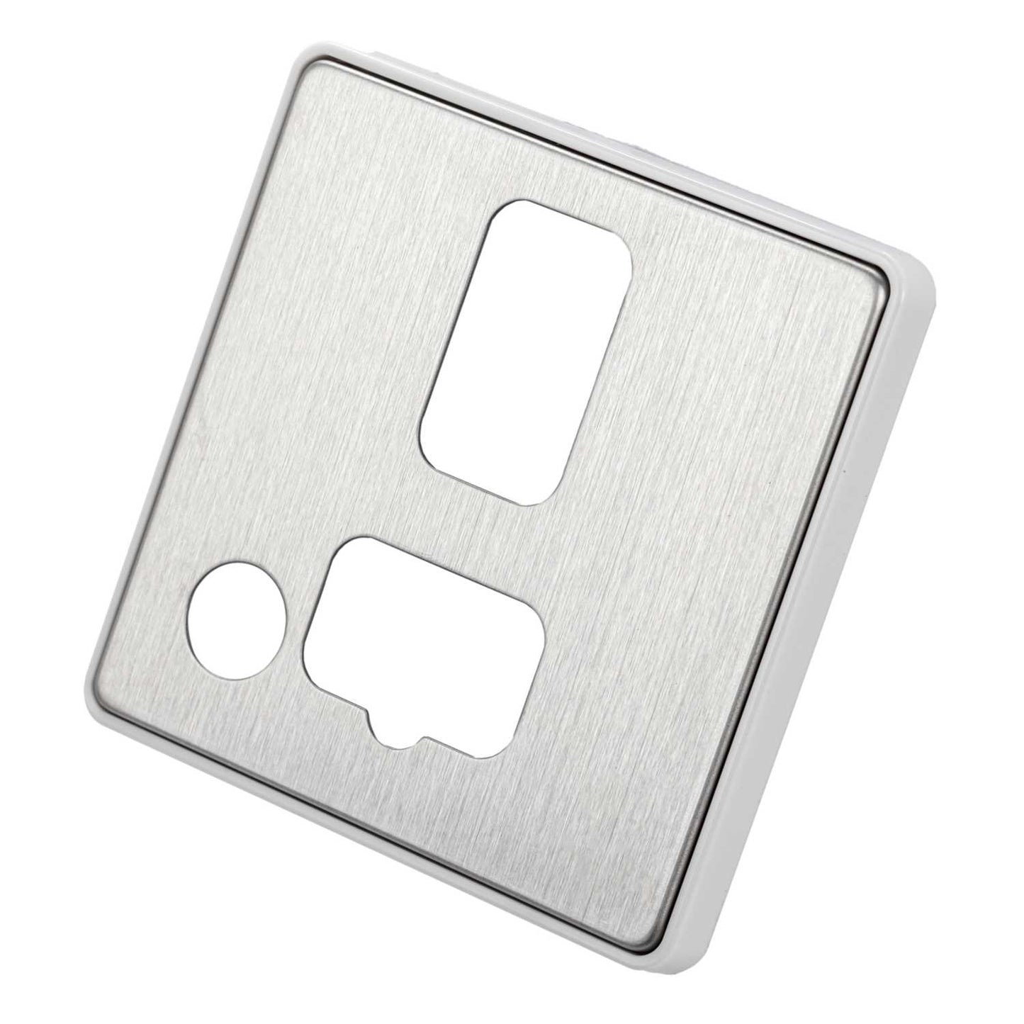 MK Dimensions Switched Fused Spur Flex Outlet Front Plate White Trim Brushed Stainless Steel