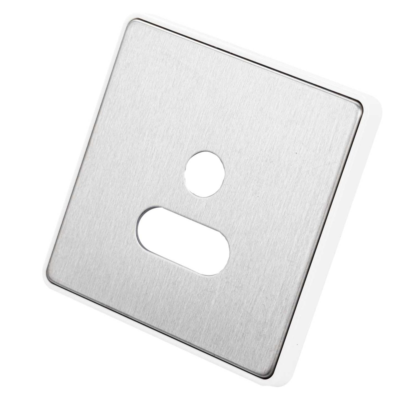 MK Dimensions 1 Gang Unswitched 5A Socket Front Plate White Trim Brushed Stainless Steel