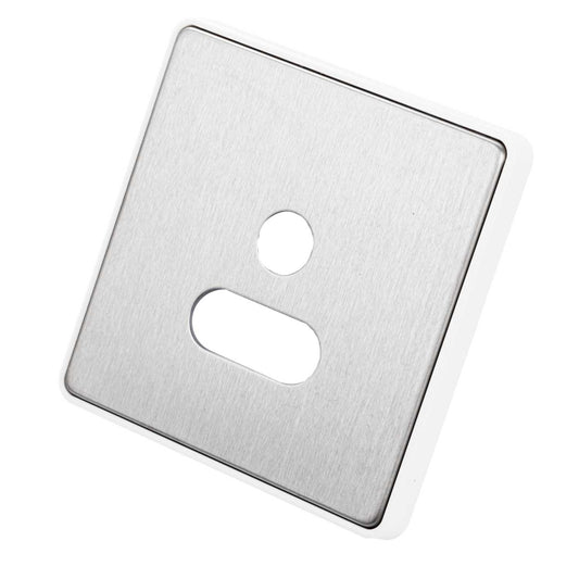 MK Dimensions 1 Gang Unswitched 5A Socket Front Plate White Trim Brushed Stainless Steel