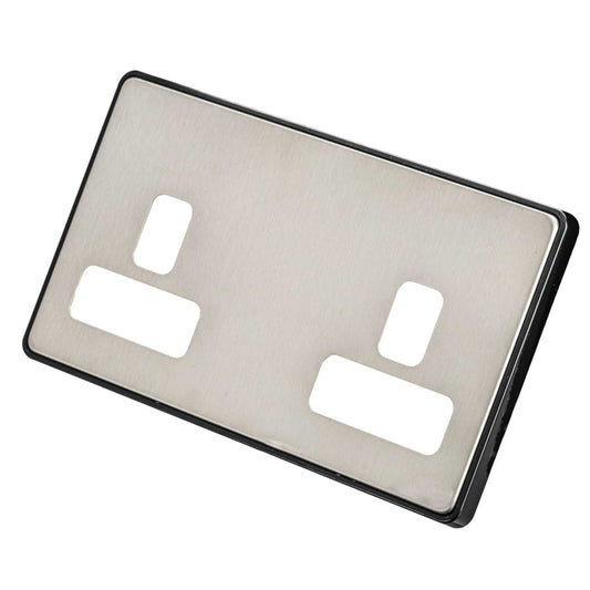MK Dimensions 2 Gang Unswitched Socket Front Plate Black Trim Brushed Stainless Steel