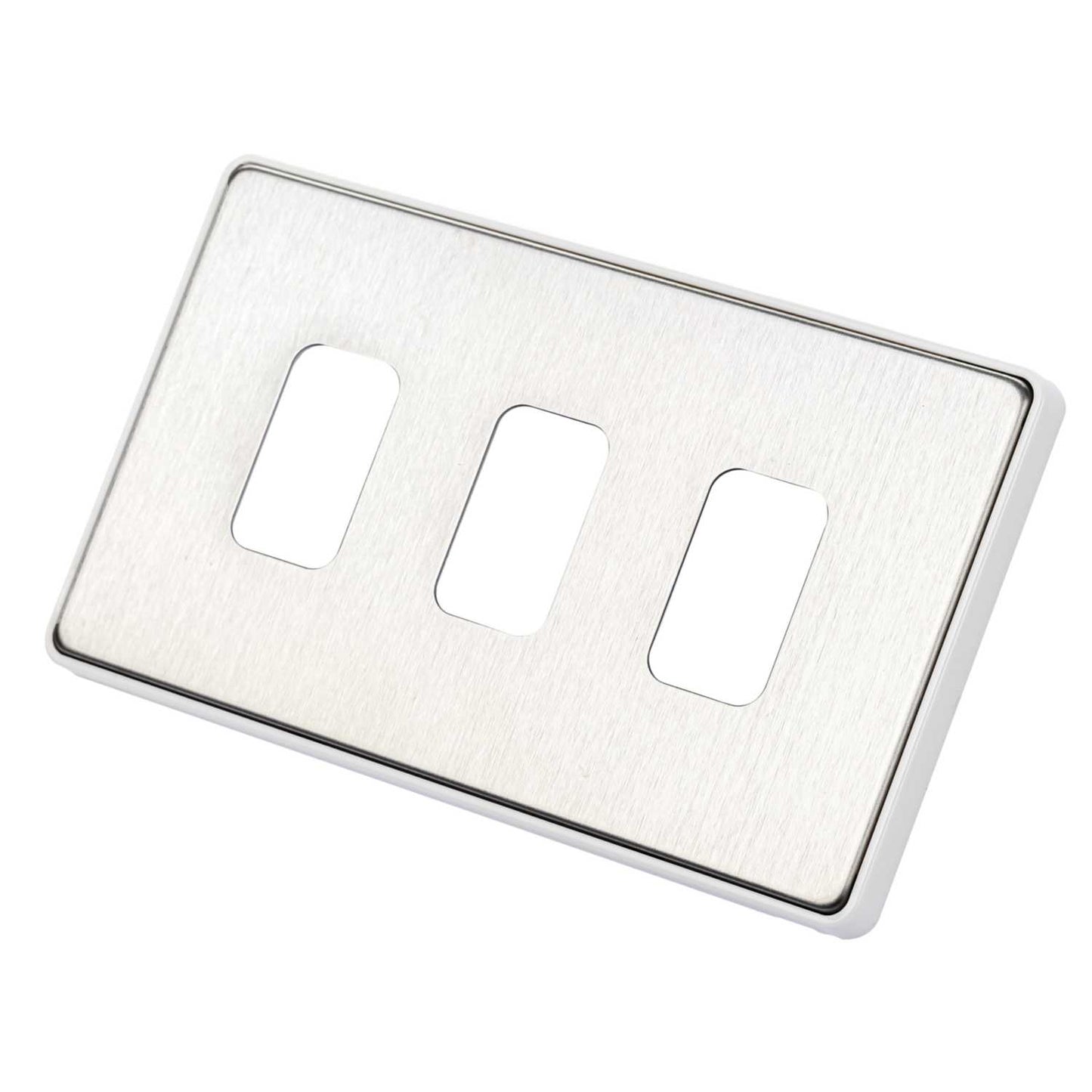 MK Dimensions 2 Gang Grid 3 Module Front Plate White Trim Brushed Stainless Steel