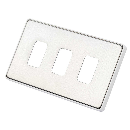 MK Dimensions 2 Gang Grid 3 Module Front Plate White Trim Brushed Stainless Steel