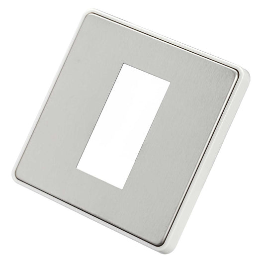 MK Dimensions 1 Gang 1 Euro Module Front Plate White Trim Brushed Stainless Steel