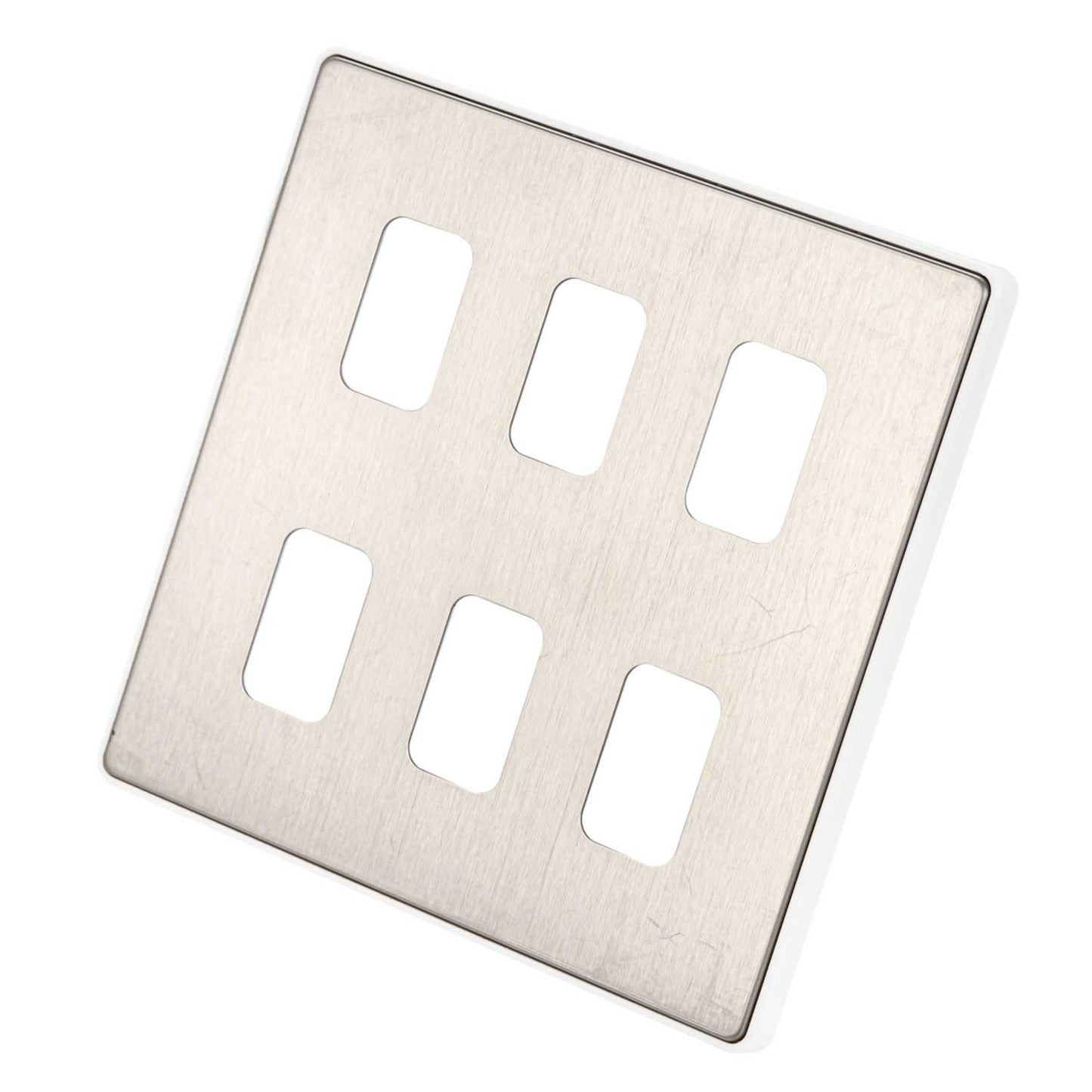 MK Dimensions 6 Module Grid Front Plate White Trim Brushed Stainless Steel