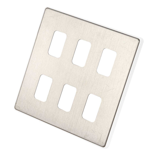 MK Dimensions 6 Module Grid Front Plate White Trim Brushed Stainless Steel