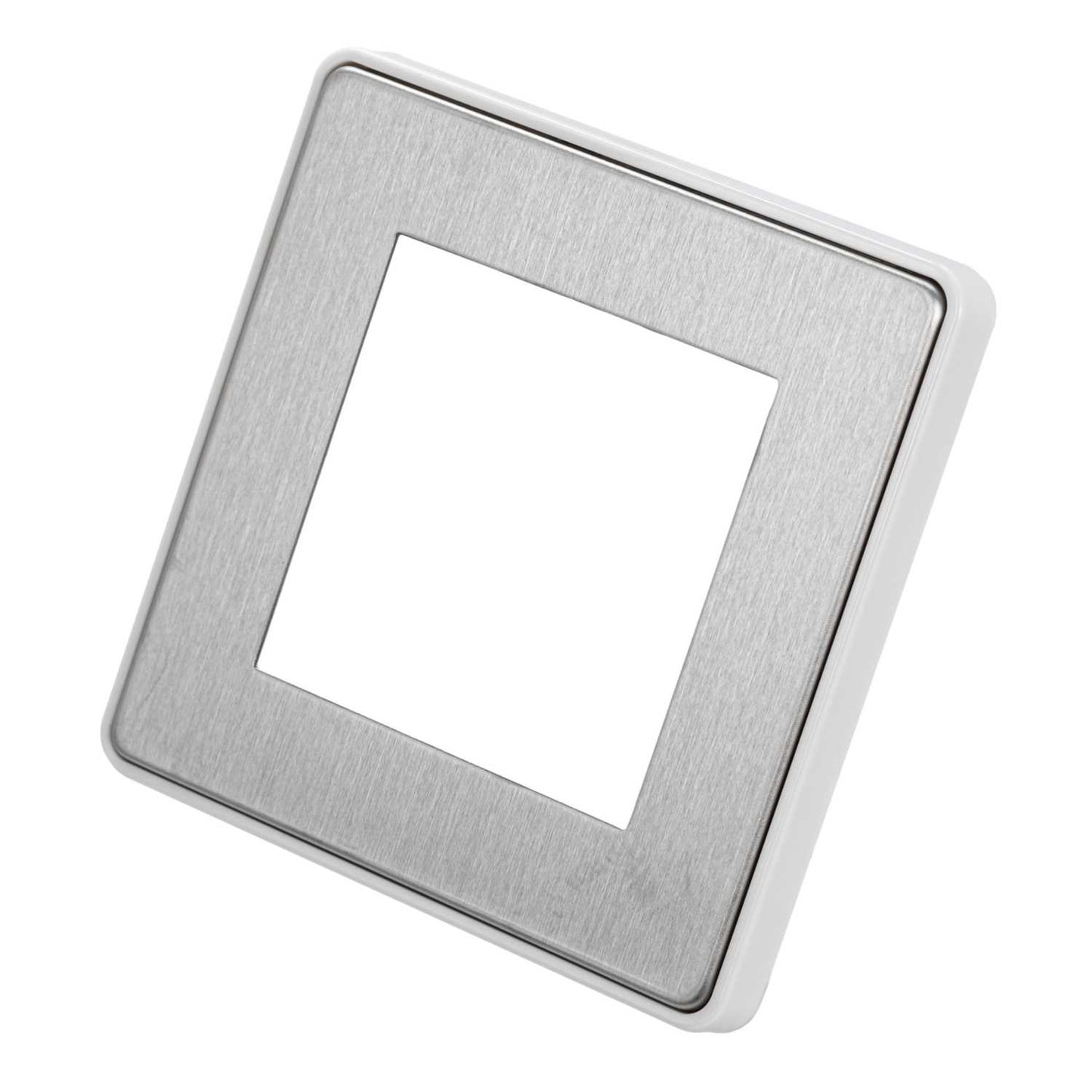 MK Dimensions 1 Gang 2 Euro Module Front Plate White Trim Brushed Stainless Steel