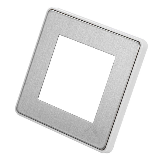 MK Dimensions 1 Gang 2 Euro Module Front Plate White Trim Brushed Stainless Steel