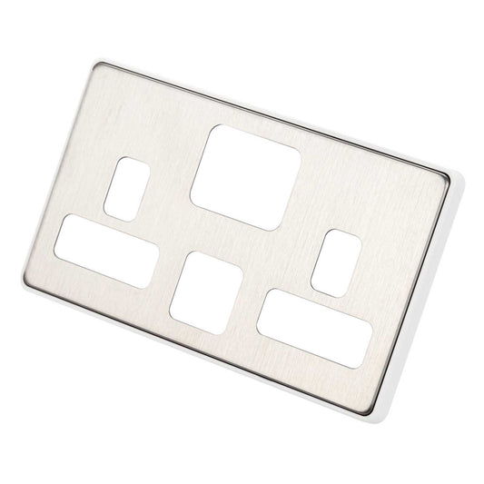 MK Dimensions 2 Gang Switched Socket with USB Front Plate White Trim Brushed Stainless Steel