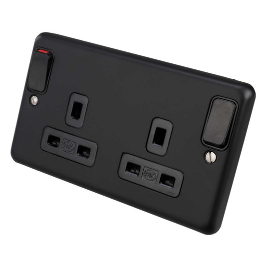 MK Albany Plus 13A DP 2 Gang Switched Socket with Outboard Rockers Matt Black