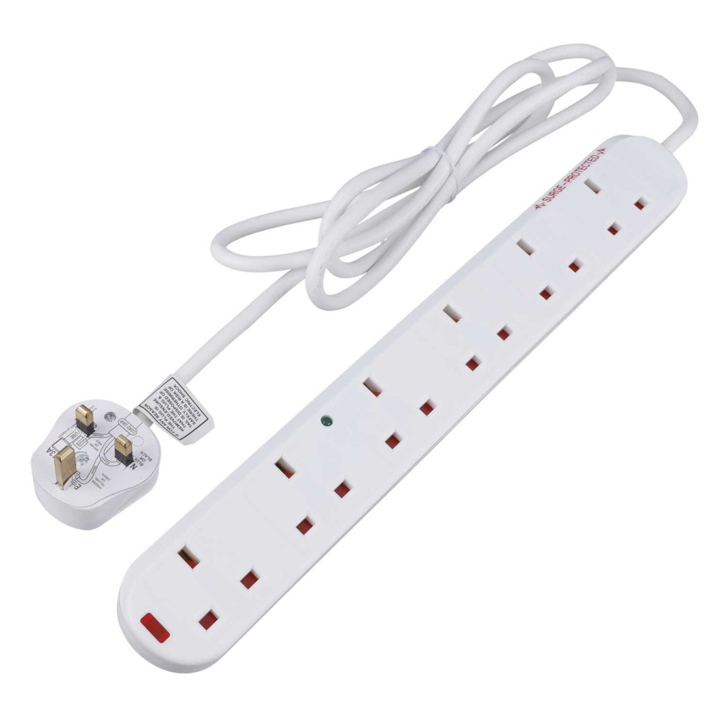 Knightsbridge 13A 2m 6 Gang Surge Protector Extension Lead with Neon White