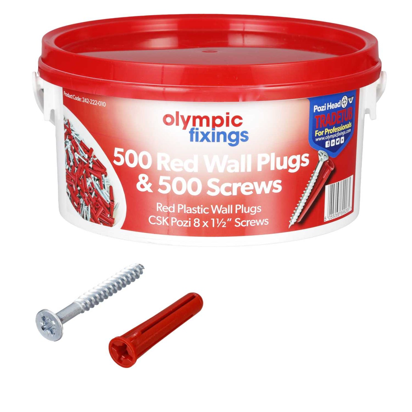 Olympic Fixings Trade Tub Red Wall Plugs + 8 x 1 1/2" Screws (Tub of 500 of each)