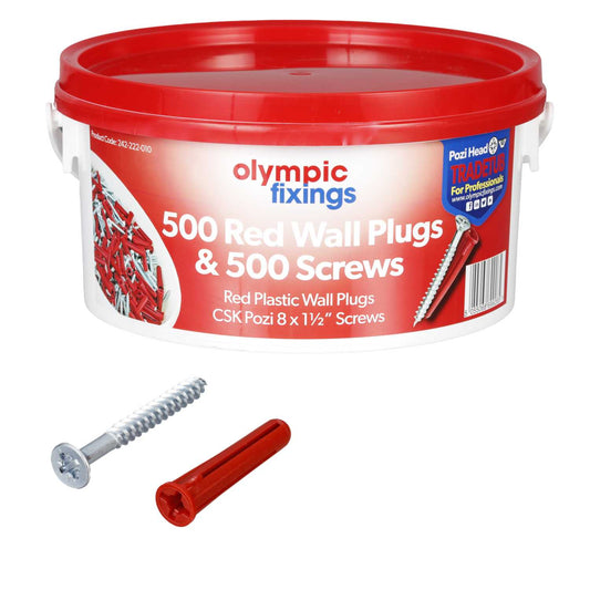 Olympic Fixings Trade Tub Red Wall Plugs + 8 x 1 1/2" Screws (Tub of 500 of each)