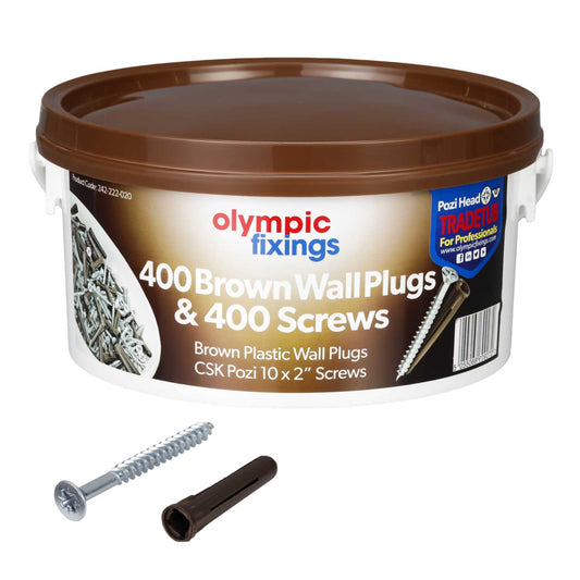 Olympic Fixings Trade Tub Brown Plugs and 10 x 2" Wood Screws (Tub of 400)