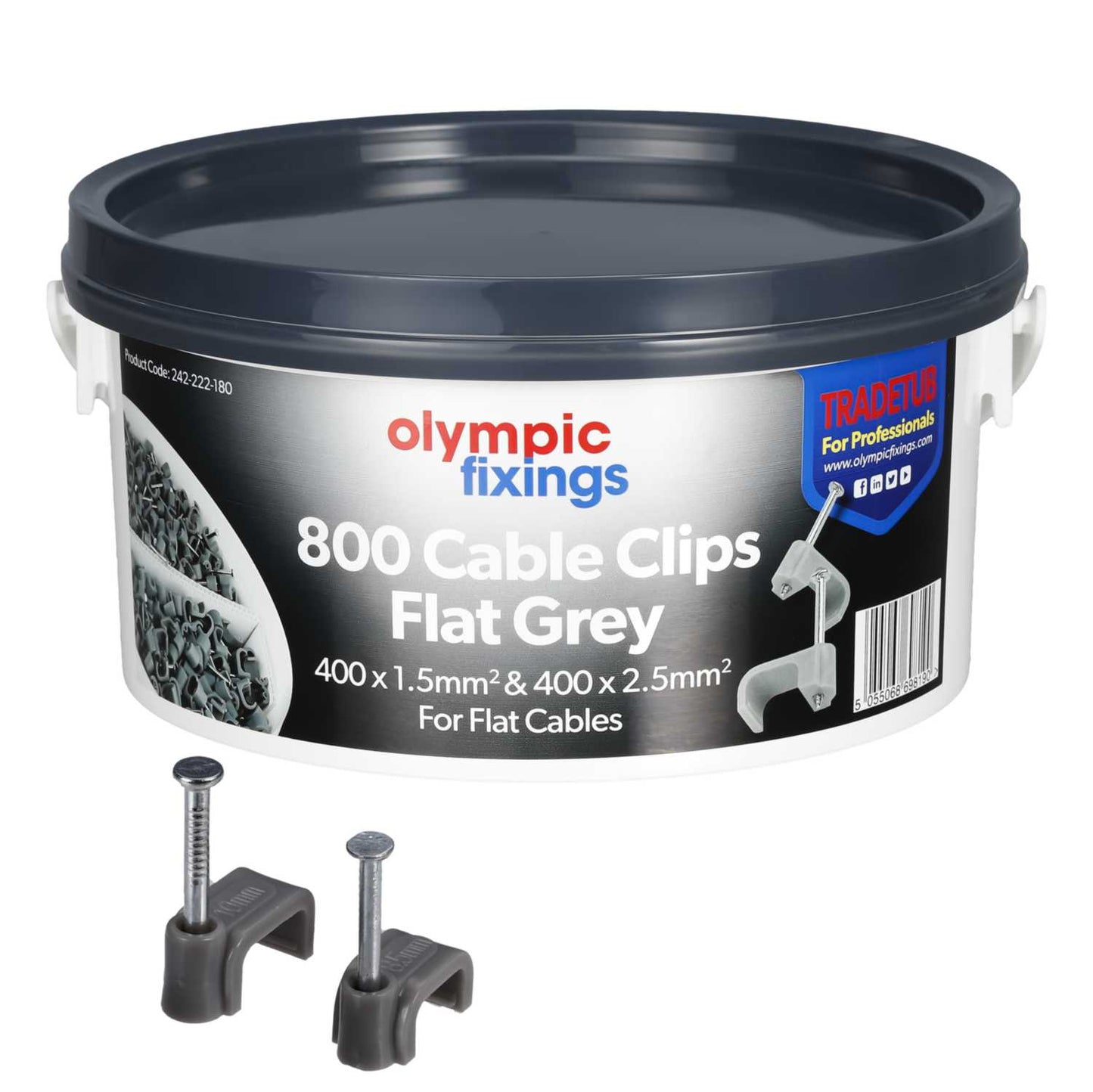 Olympic Fixings Trade Tub 1.5mm / 2.5mm T&E Cable Clips Grey (Tub of 800)