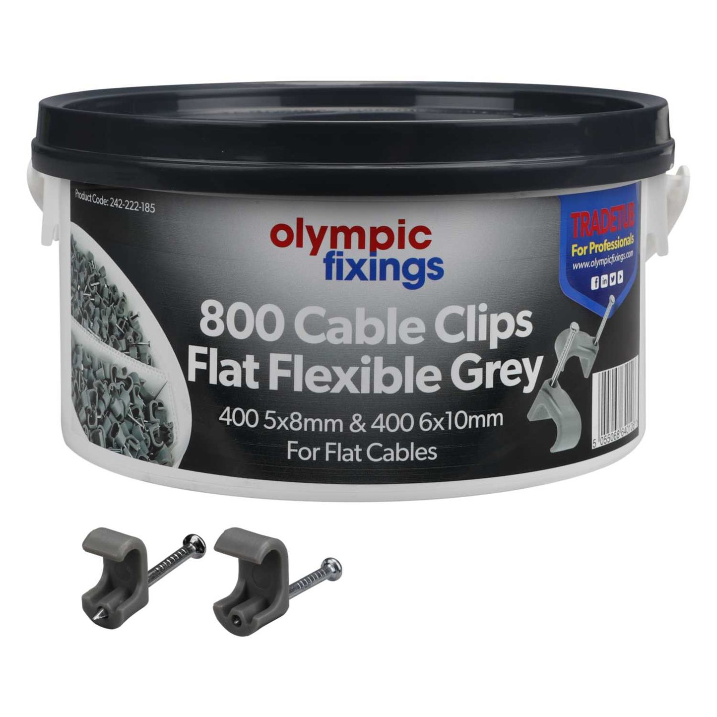 Olympic Fixings Trade Tub Flexible 1.5mm / 2.5mm T&E Cable Clips Grey (Tub of 800)