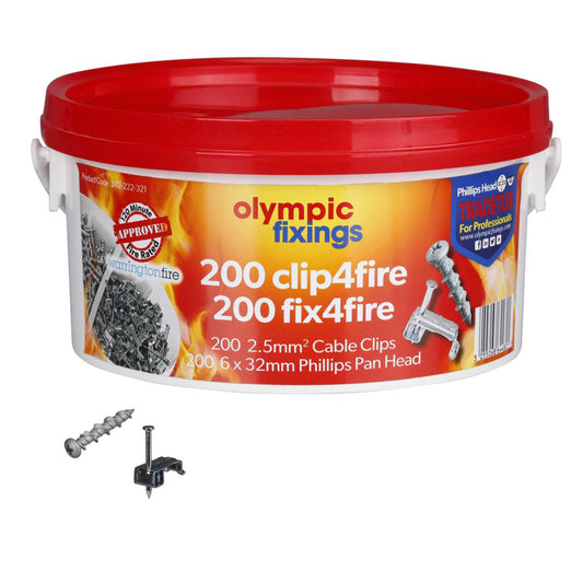 Olympic Fixings Clips4fire 1 - 2.5mm Clips and Fix4fire 6 x 32mm Trade Tub (Tub of 400)