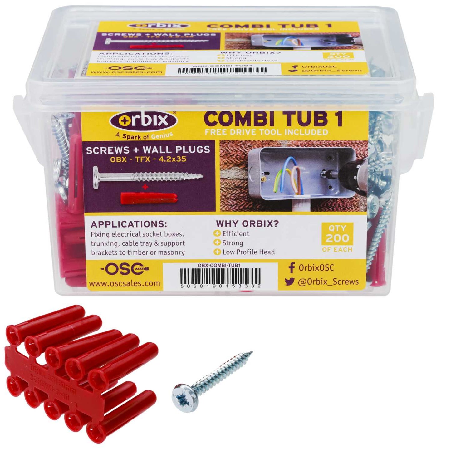 Orbix Trade Tub Red Rawl Plugs and 4.2 x 35mm Screws (Tub of 200)