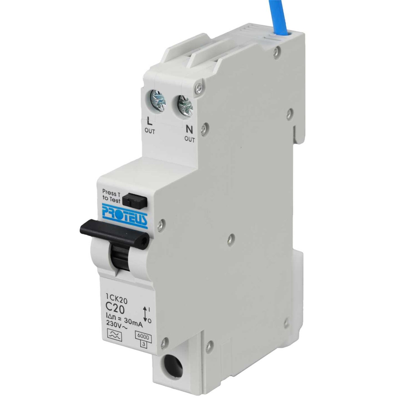 Proteus 20A Double Pole 1 Module Bidirectional C Curve 6kA 30mA Type A Compact Rcbo