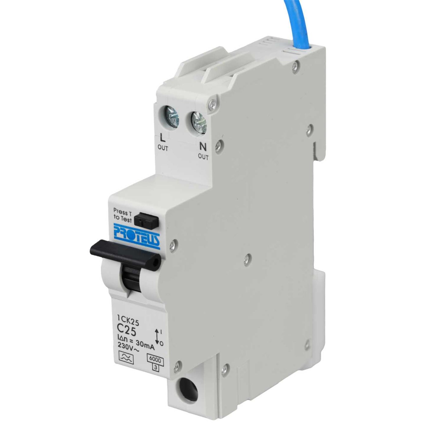 Proteus 25A Double Pole 1 Module Bidirectional C Curve 6kA 30mA Type A Compact Rcbo