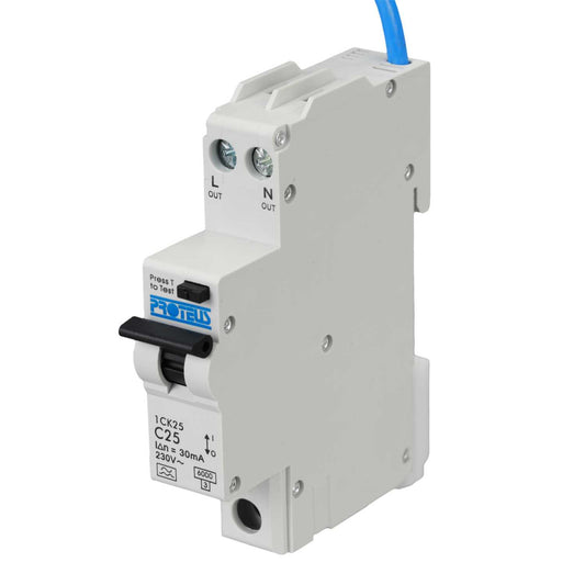 Proteus 25A Double Pole 1 Module Bidirectional C Curve 6kA 30mA Type A Compact Rcbo