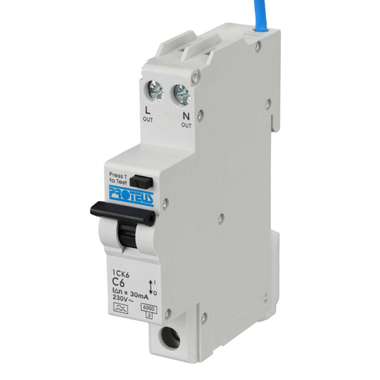 Proteus 6A Double Pole 1 Module Bidirectional C Curve 6kA 30mA Type A Compact Rcbo