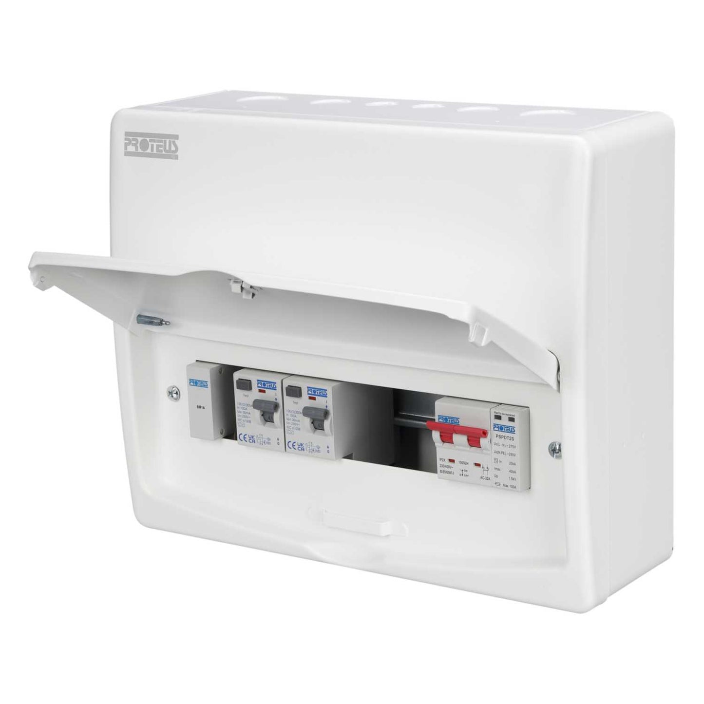 Proteus 5 Way Dual 80A Type A RCD Metal Clad Consumer Unit with Type 2 SPD