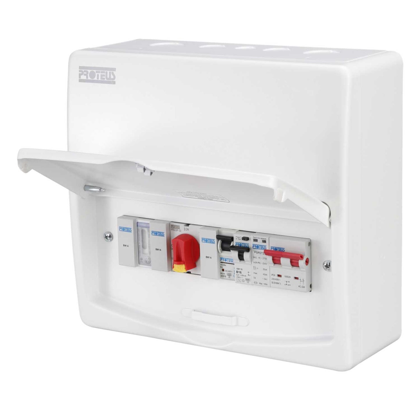 Proteus 100A PV Consumer Unit, 45A Meter, 32A Rotary Isolator, 16A Rcbo and Type 2 SPD