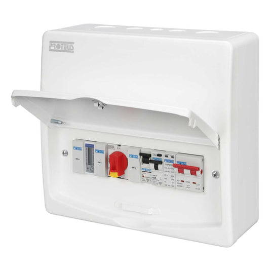 Proteus 100A PV Consumer Unit, 45A Meter, 32A Rotary Isolator, 20A Rcbo and Type 2 SPD
