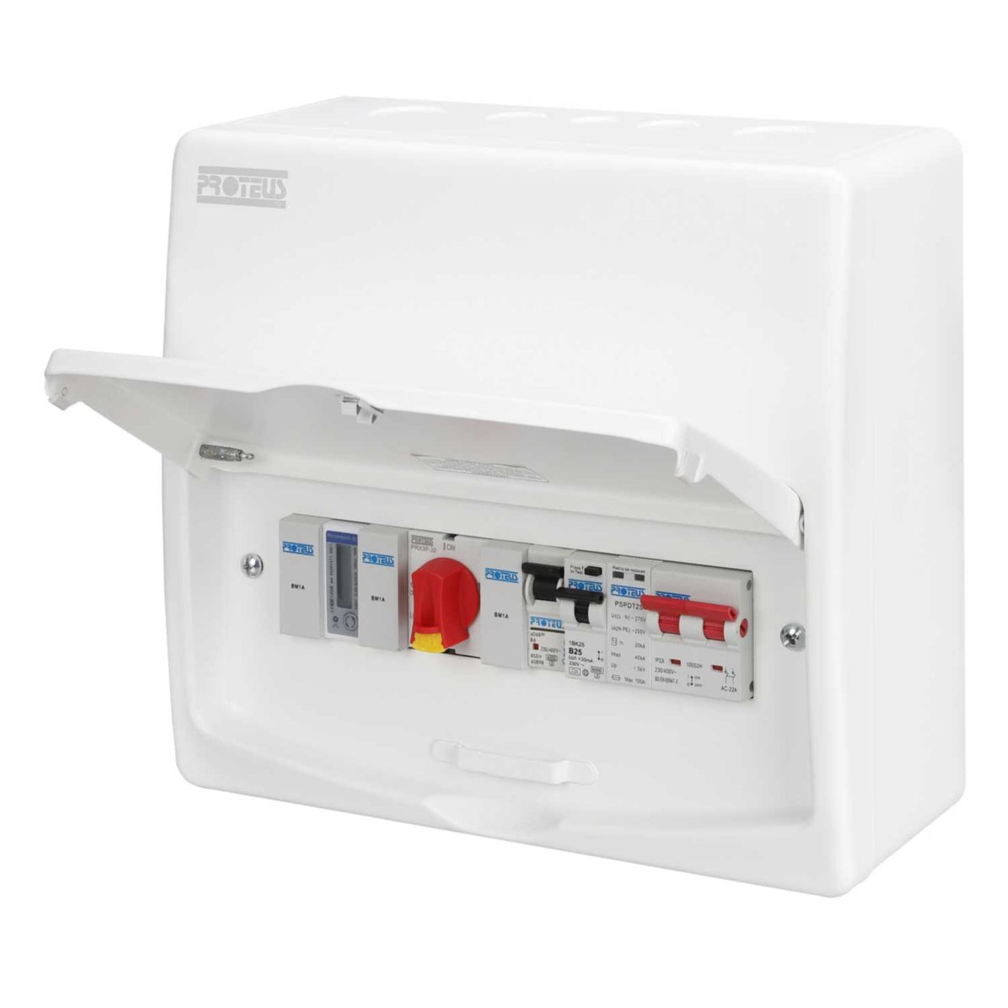 Proteus 100A PV Consumer Unit, 45A Meter, 32A Rotary Isolator, 25A Rcbo and Type 2 SPD