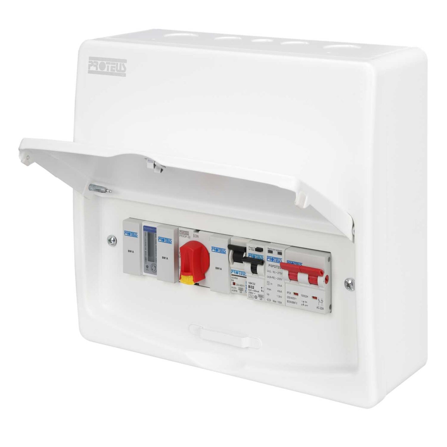 Proteus 100A PV Consumer Unit, 45A Meter, 32A Rotary Isolator, 32A Rcbo and Type 2 SPD