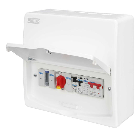 Proteus 100A PV Consumer Unit, 45A Meter, 32A Rotary Isolator, 32A Rcbo and Type 2 SPD