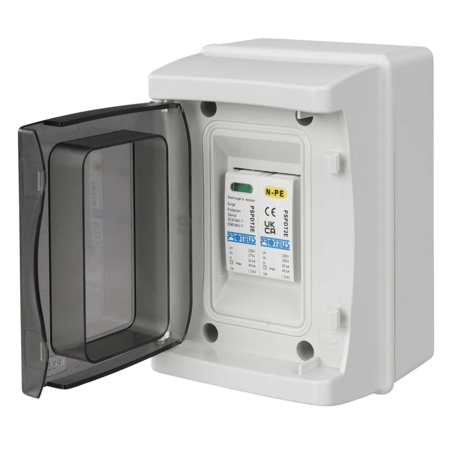 Proteus 40kA 2 Module Single Pole and Neutral Type 2 Surge Protector in IP65 Enclosure