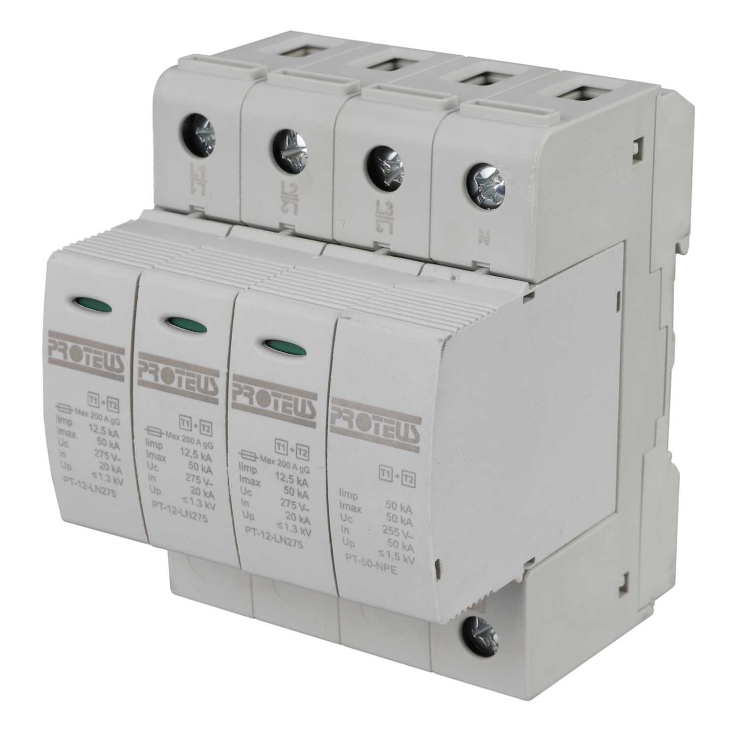 Proteus 50kA 4 Module 3 Pole and Neutral Type 1+2 Surge Protector