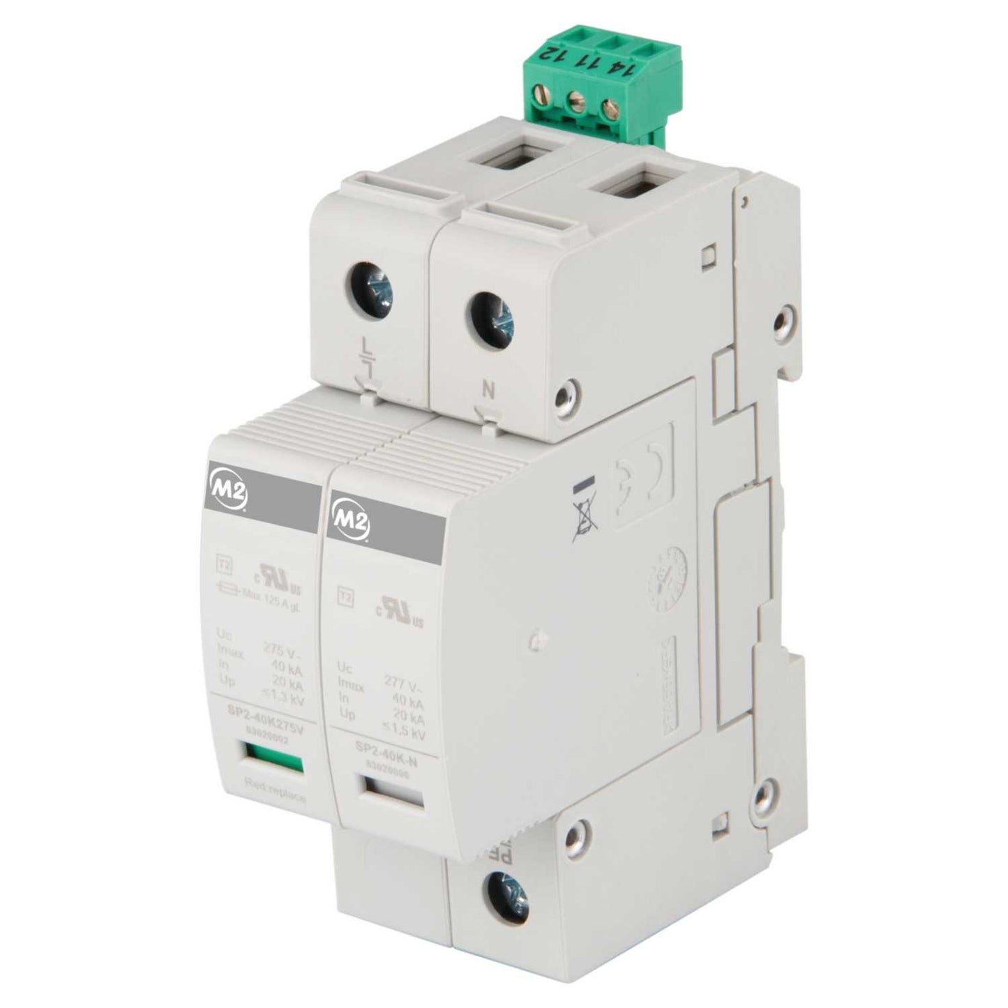 M2 12.5kA 2 Module Single Pole and Neutral Type 1+2 Surge Protector