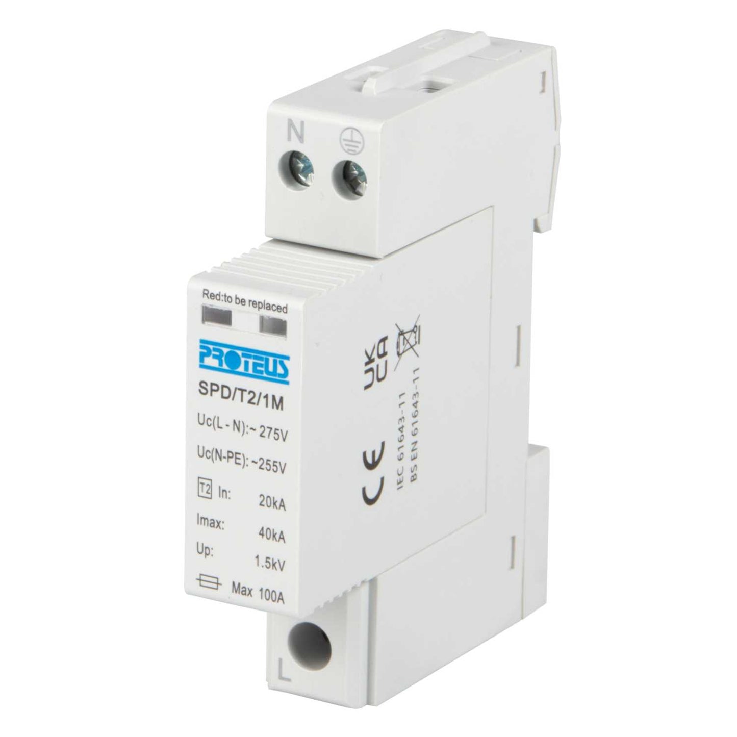 Proteus 40kA 1 Module Single Pole and Neutral Type 2 Surge Protector