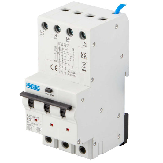Proteus XL 20A 4 Pole 3 Module C Curve 10kA 100mA Type A Rcbo