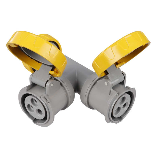 Scame Adapto 16A 2P+E 2 Way 110V Adaptor IP66/67/69 Yellow
