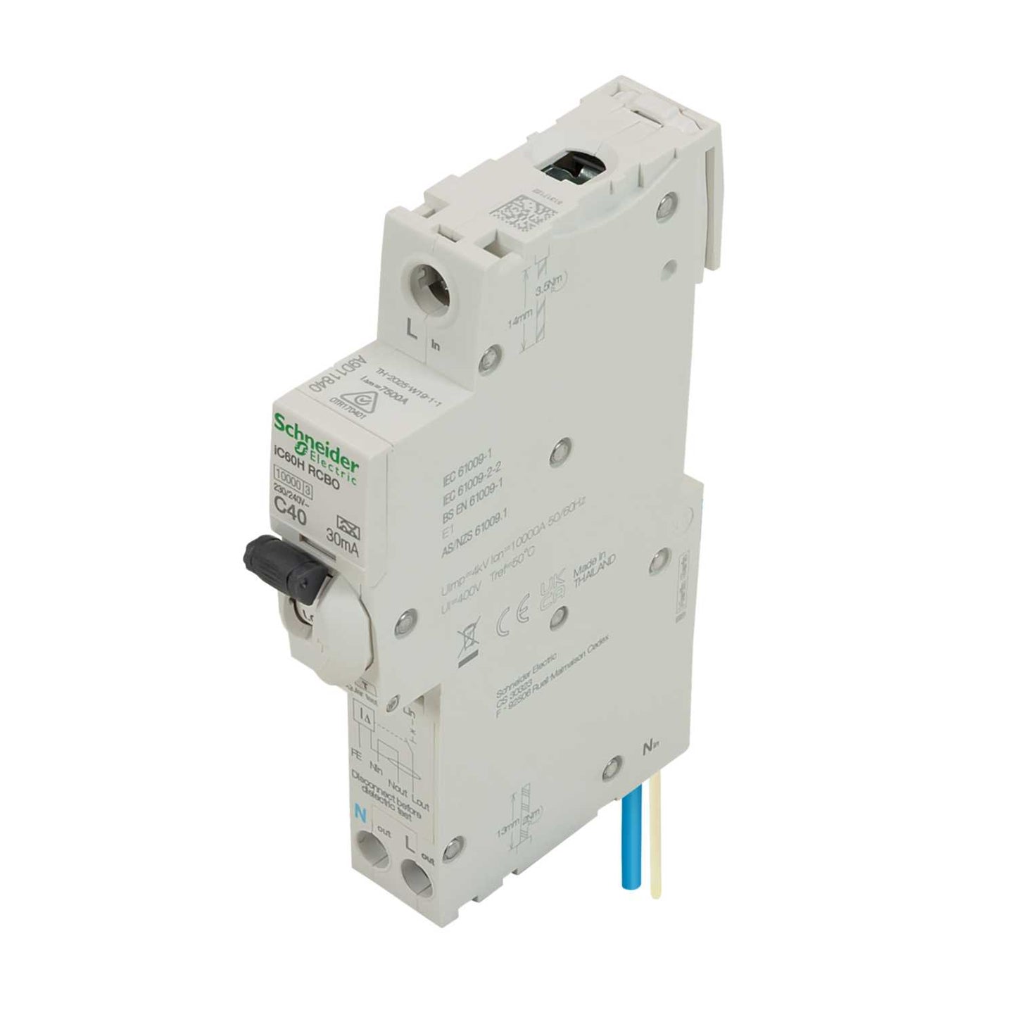 Schneider Acti9 40A 1P+N 1 Module C Curve 10kA 30mA Type A Rcbo