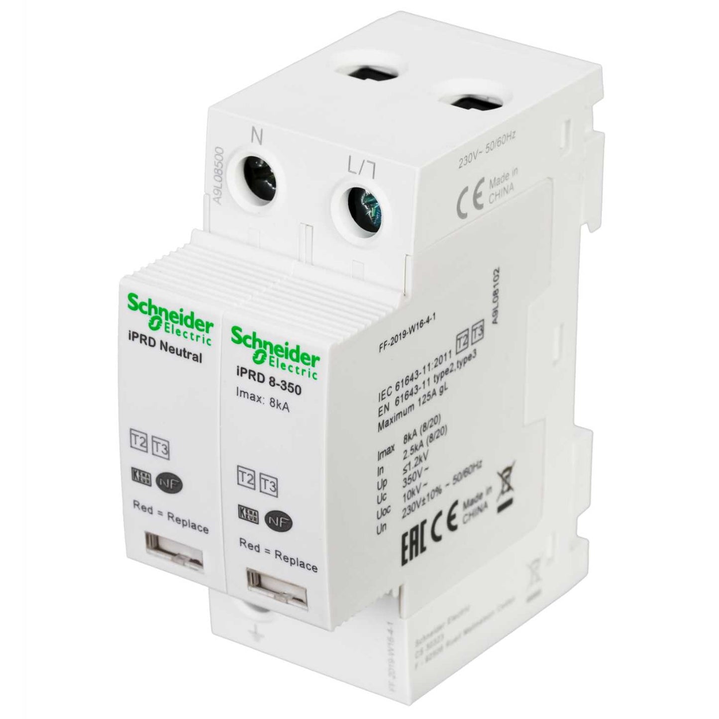 Schneider Acti9 8kA 2 Module Single Pole and Neutral Type 2+3 Surge Protector