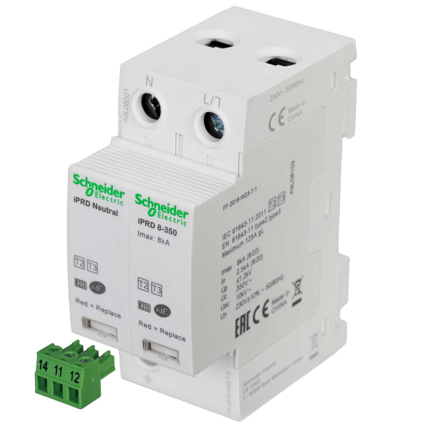 Schneider Acti9 8kA 2 Module Single Pole and Neutral Type 2+3 Surge Protector Remote Transfer